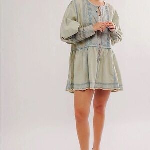 Free People Sweet Summer Bed Jacket Light Chambray Combo Size M NWT